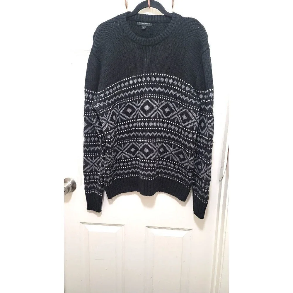 Banana Republic Sweater Mens Large Black Gray Fair Isle Wool Blend Knit Crewneck